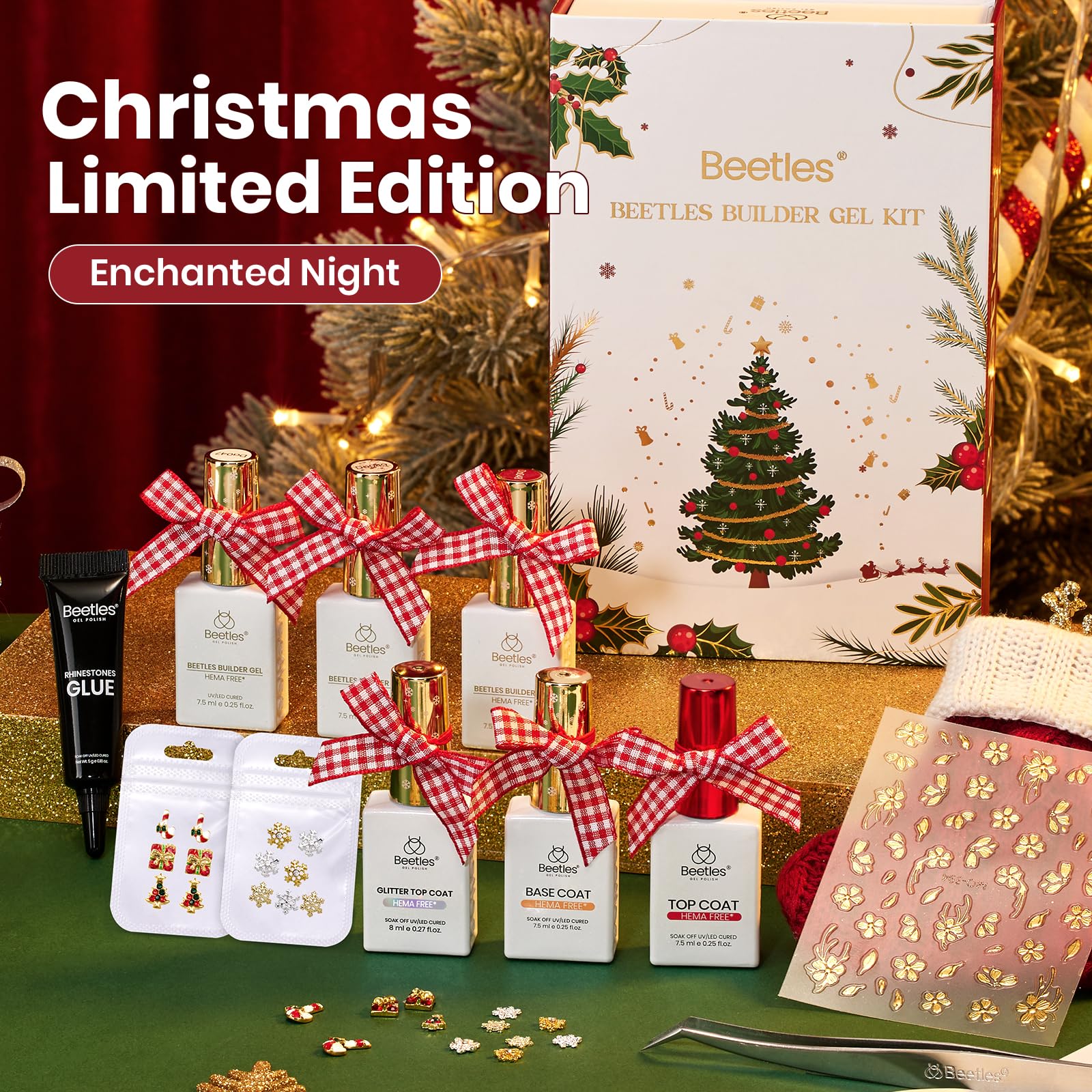 Beetles Christmas Builder Gel Kit HEMA Free-Enchanted Night 8 in 1 Nail Thickening Strengthening Building Apex - Image 2