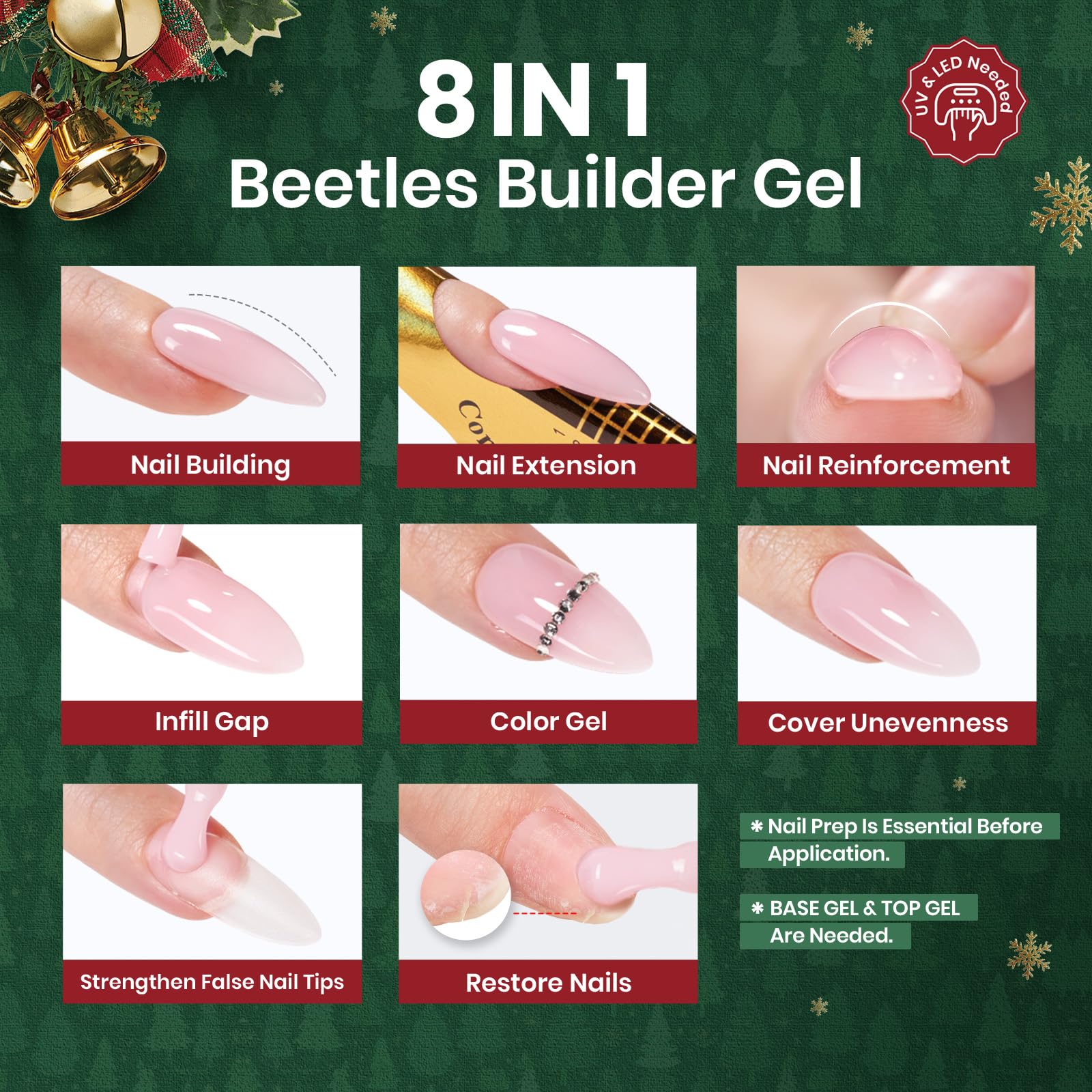 Beetles Christmas Builder Gel Kit HEMA Free-Enchanted Night 8 in 1 Nail Thickening Strengthening Building Apex - Image 6